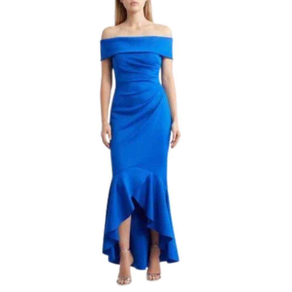 Eliza J Blue off the Shoulder High Low Hem Formal Evening Gown